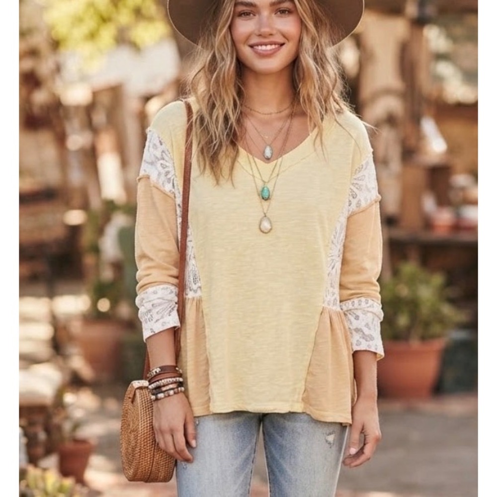 Yellow Boho Mixed Media Patchwork Lace V-Neck Peplum Top L
